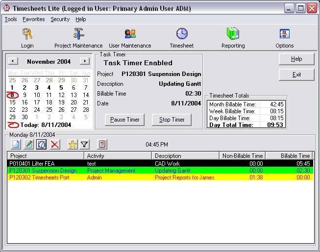 Multi user project based timesheet system with reporting and user level security