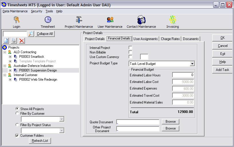 Project Maintenance Screen